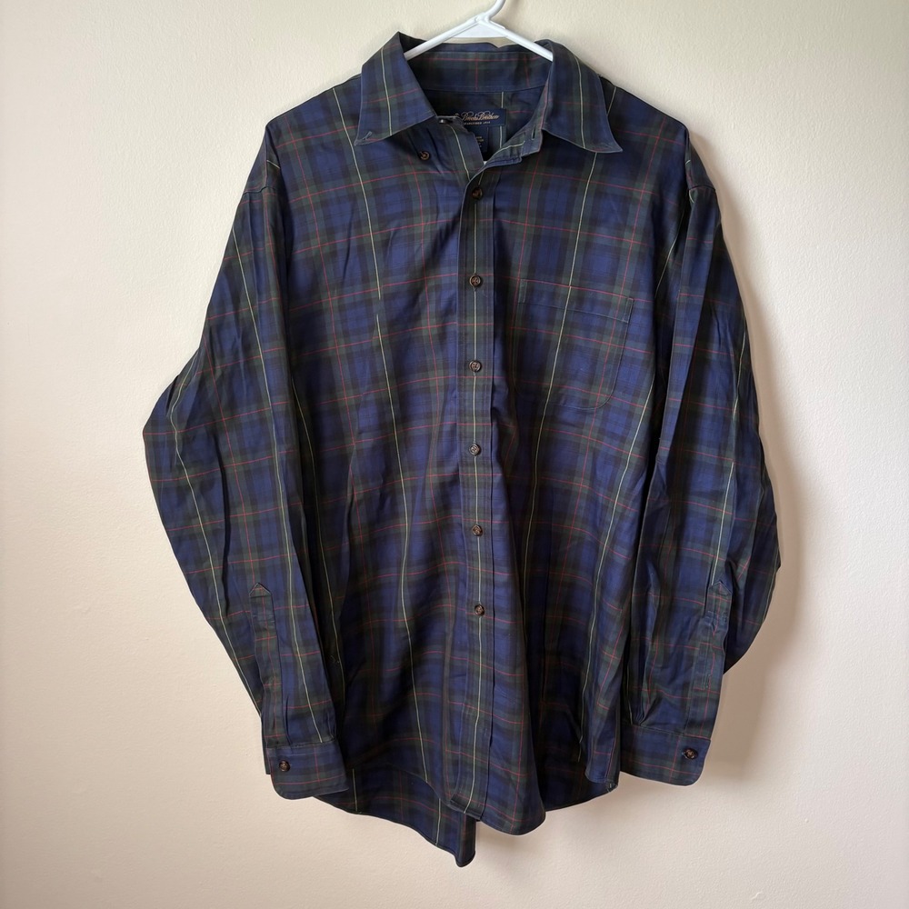 Vintage Brooks Brothers Shirt Mens L Blue Plaid Non-Iron Cotton Button Down 90s